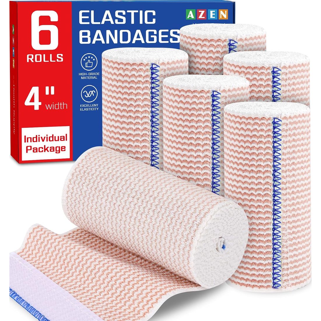 AZEN Elastic Bandage Wrap, 4 in · 6 Pack