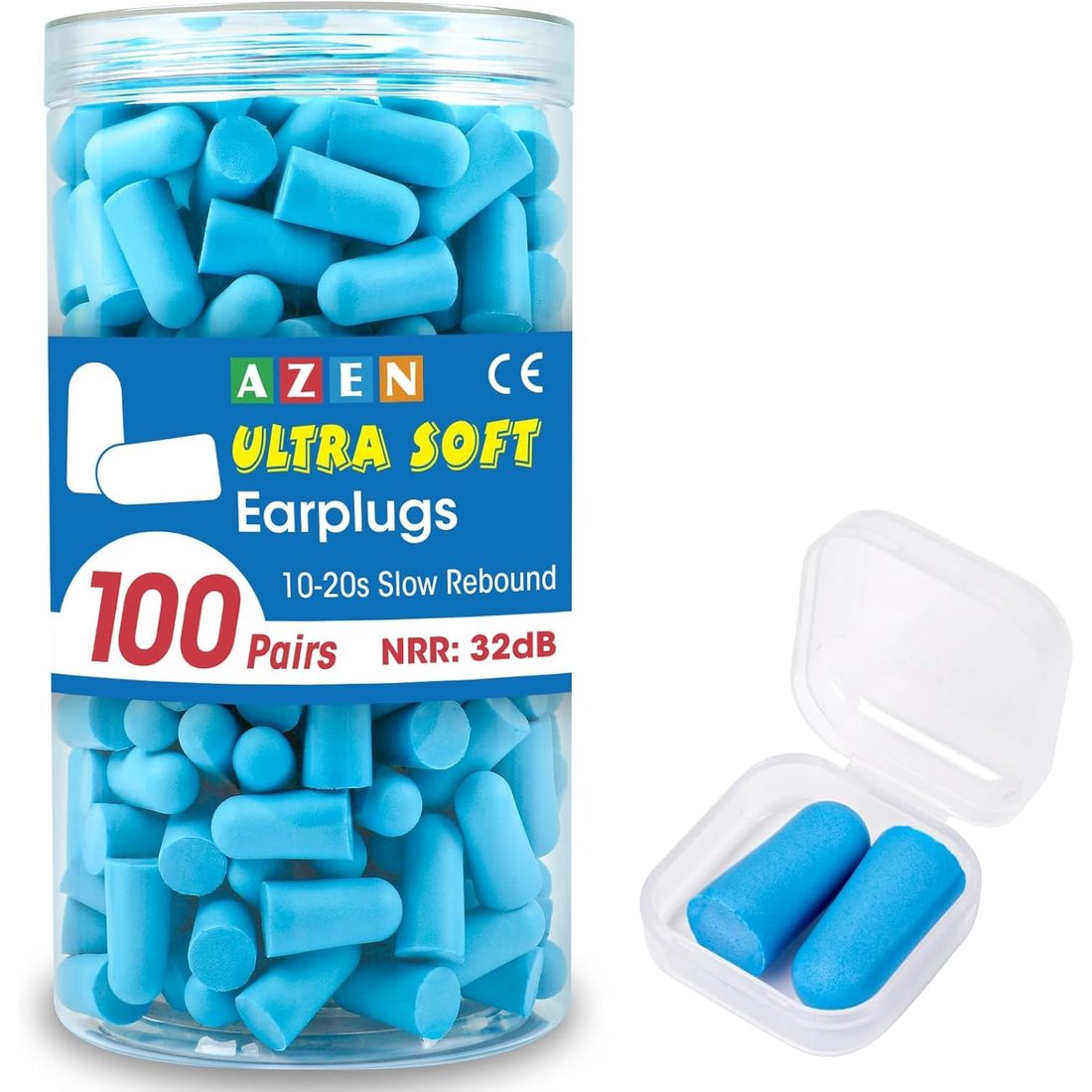 AZEN Foam Earplugs, NRR 32 dB · 100 Pairs · Lake Blue