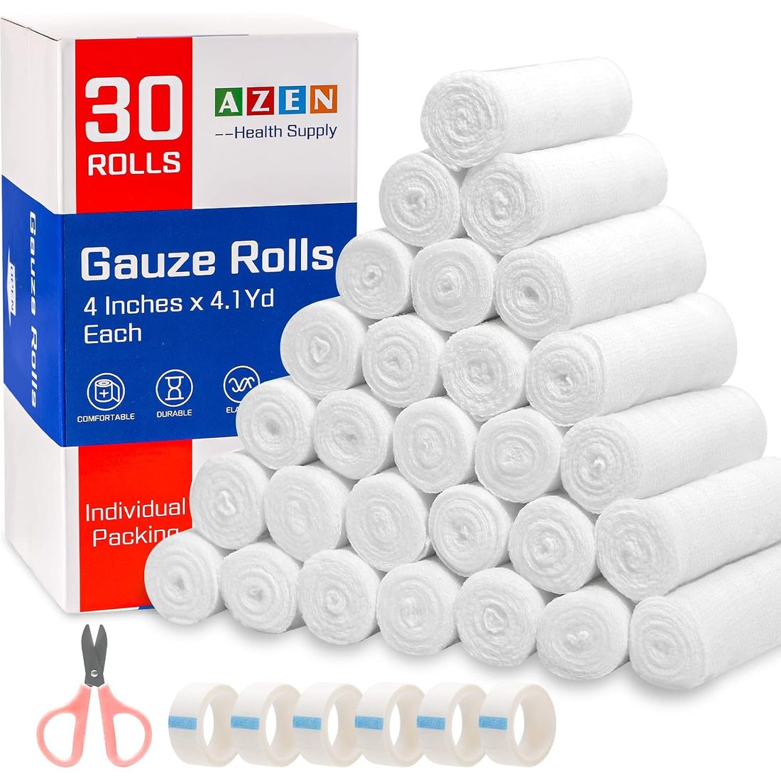 AZEN Gauze Bandage Rolls, 4 in × 4.1 yd · 30 Pack