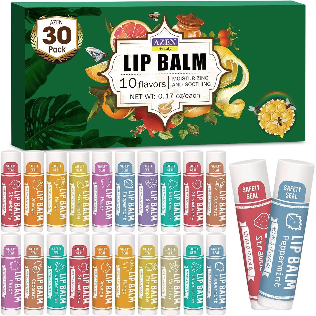 AZEN Natural Lip Balm, 10 Flavors · 30 Pack