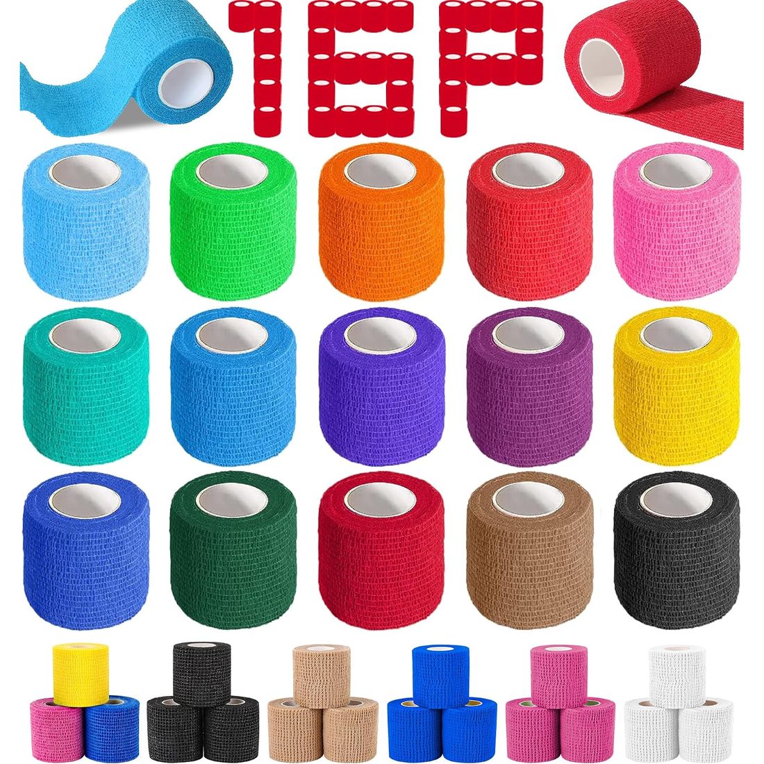 AZEN Self-Adhesive Bandage Wrap, 2 in · 16 Pack Multicolor