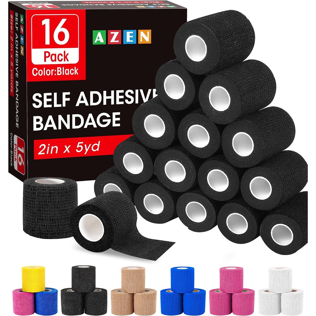 AZEN Self-Adhesive Bandage Wrap, 2 in · 16 Rolls · Black